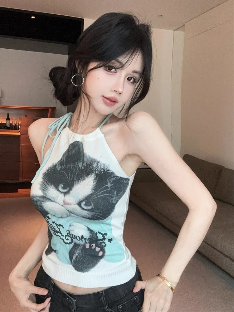 猫咪针织挂脖吊带背心女外穿夏季新款辣妹无袖抹胸小上衣独特绝美
