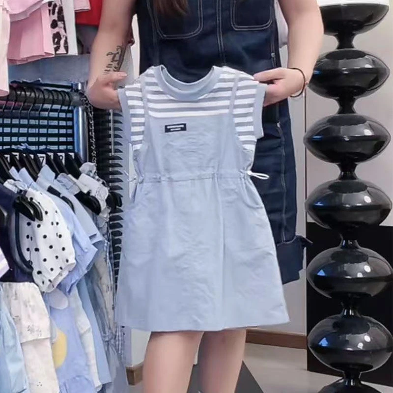 童装短袖裙子女休闲欧美风连衣裙A类假两件夏季条纹韩版