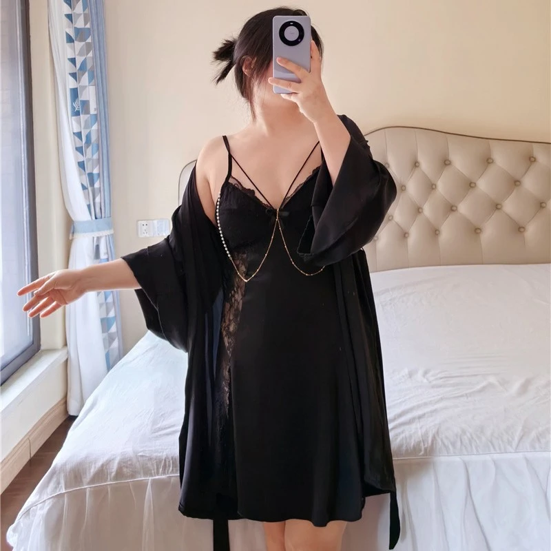 新款大码女200斤性感纯欲蕾丝冰丝吊带睡裙带胸垫两件套家居服