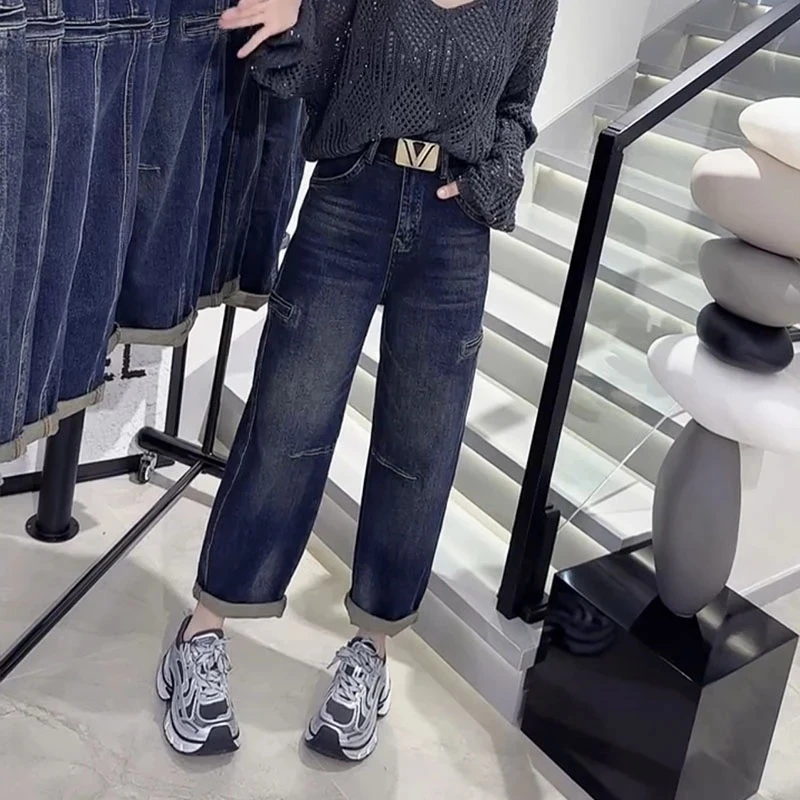 2025秋季新款大码遮肉牛仔老爹裤子女梨型身材九分高腰显瘦哈伦裤