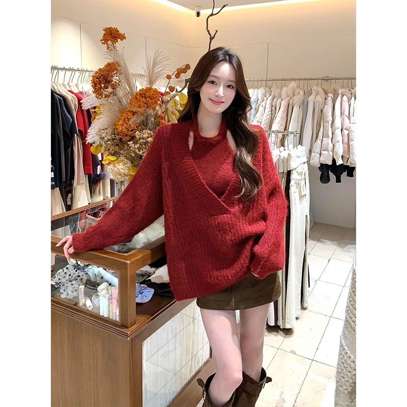 纯欲风时尚叠词内搭背心女冬季新款长袖针织衫休闲短裙套装26562