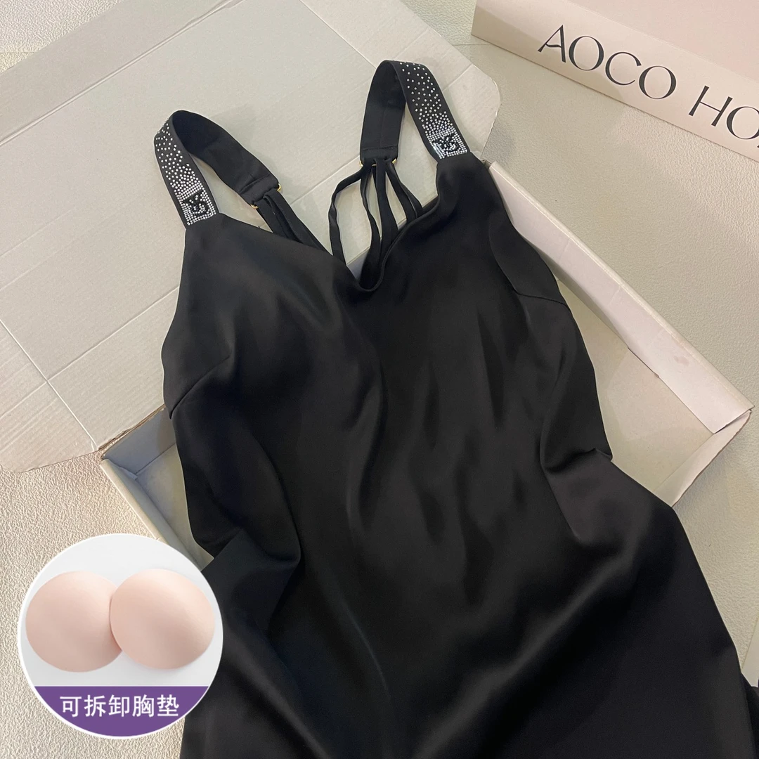 睡裙女夏季性感吊带冰丝睡衣2025新款带胸垫黑色大码可外穿家居服