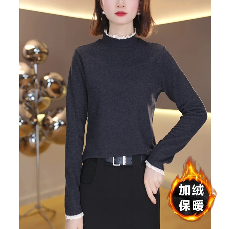 【木凡】冬季新款加绒保暖打底衫女气质设计感长袖上衣T恤