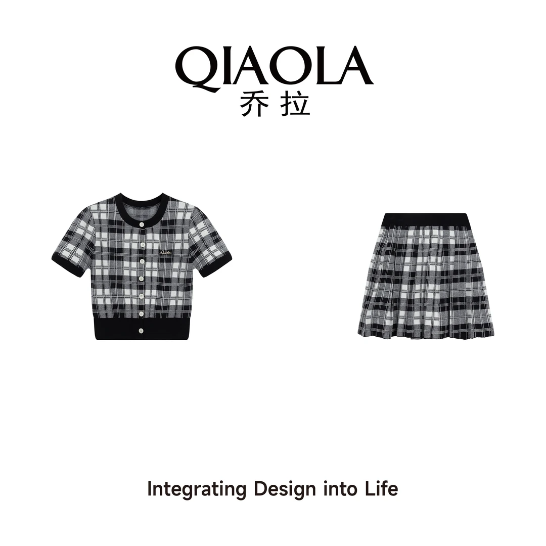 QIAOLA/乔拉【格林学院】夏季新款立体格纹圆领抗皱毛织套装预售