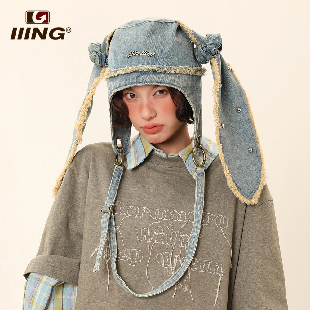 IIING帽控 复古小众设计兔子大耳朵潮流帽子女重工水洗牛仔包包帽