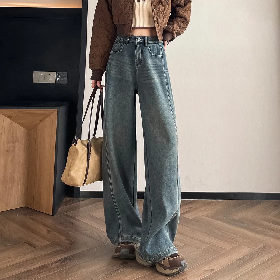 加绒窄版阔腿牛仔裤女高腰秋冬2025新款宽松直筒显瘦垂感拖地裤子