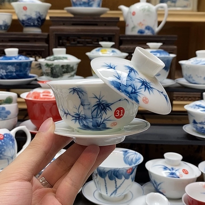 手绘竹子悬停盖碗釉下彩高温瓷微瑕福利款