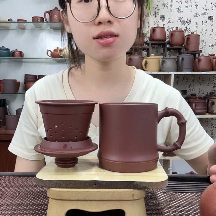 茶杯紫砂原矿紫泥竹节三件套没礼盒450CC左右