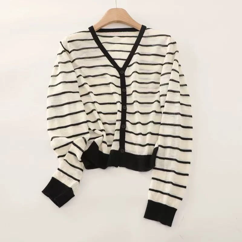 2025春季短款韩版撞色条纹针织开衫女宽松显瘦百搭薄款毛衣外套潮