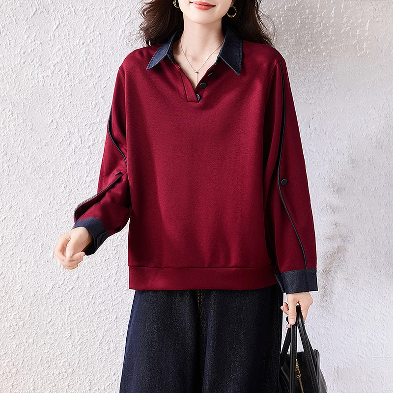 【女神新衣】拼接翻领长袖卫衣2025秋季新款宽松休闲时尚百搭上衣