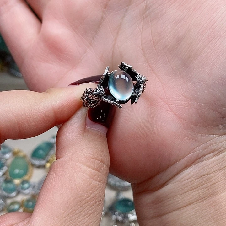 蛇纹石玉戒指银S925镶嵌✨****?