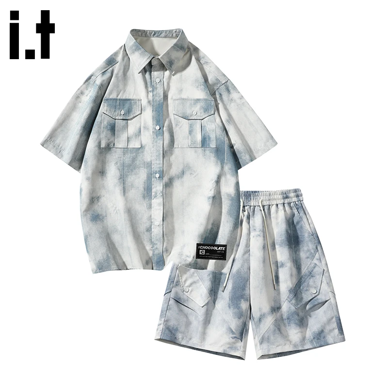 i.t:CHOCOOLATE男士扎染工装夏季套装2025新款短袖衬衫短裤一整套
