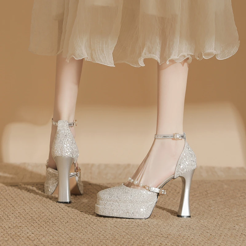 法式玛丽珍新娘主婚鞋不累脚厚底神器粗跟中空高跟鞋女订婚水晶鞋