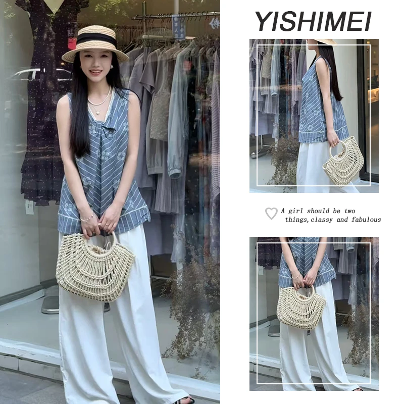 夏装搭配减龄2025年新款复古宽松条纹衫上衣时尚纯色长裤两件套