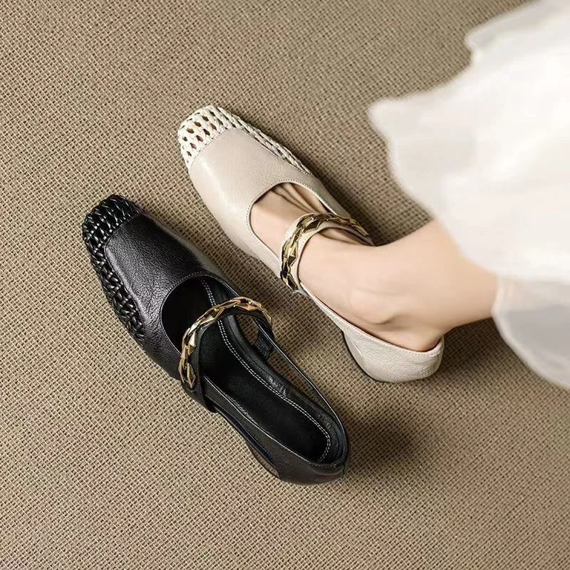 真软皮~一字带方头镂空法式凉鞋女2025夏季新款粗跟3cm时尚女鞋