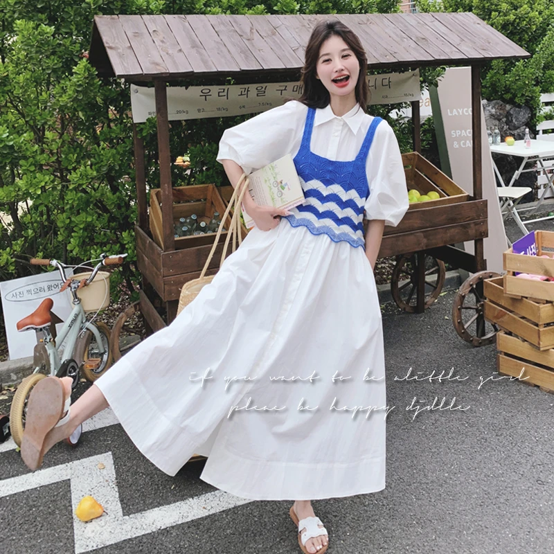 针织马甲白色衬衫连衣裙两件套女夏季2025新款法式文艺学院风套装