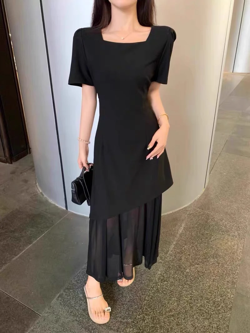 A76新宠儿韩版方领拼接显瘦连衣裙