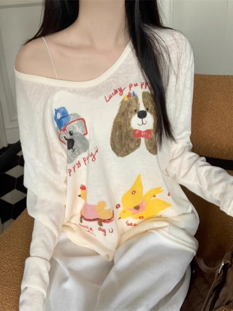 新款学院风可爱卡通印花长袖T恤女春秋字母动物打底宽松百搭上衣