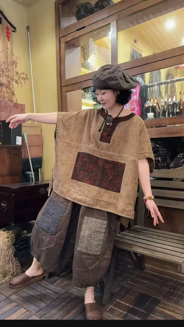 夏季新款原创高定麻料拼接罩衫【衣长前66后71】网红针织时尚