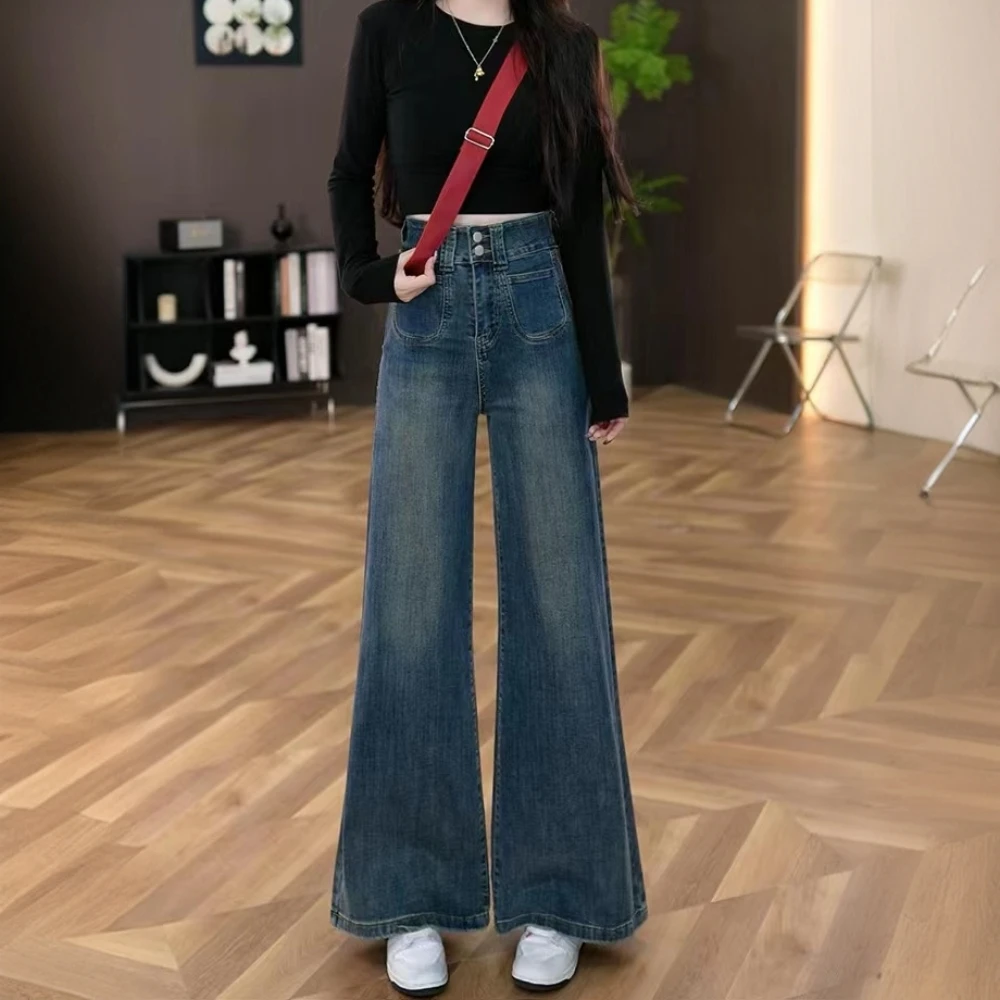 港风辣妹阔腿牛仔裤女ins风小个子穿搭高腰宽松显瘦直筒拖地长裤