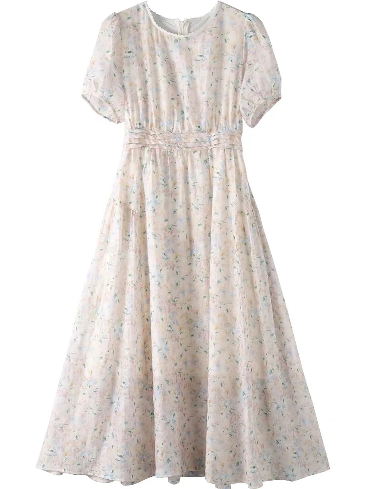 Z698夏季新款韩系清新碎花短袖连衣裙高腰A字长裙女