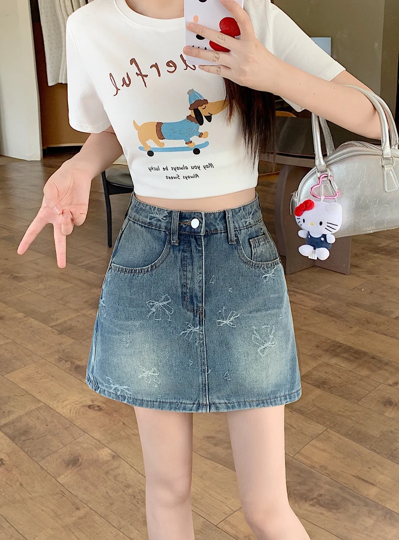 2025夏季新款胖mm大码女装辣妹蝴蝶结牛仔半身裙防走光裙裤66130