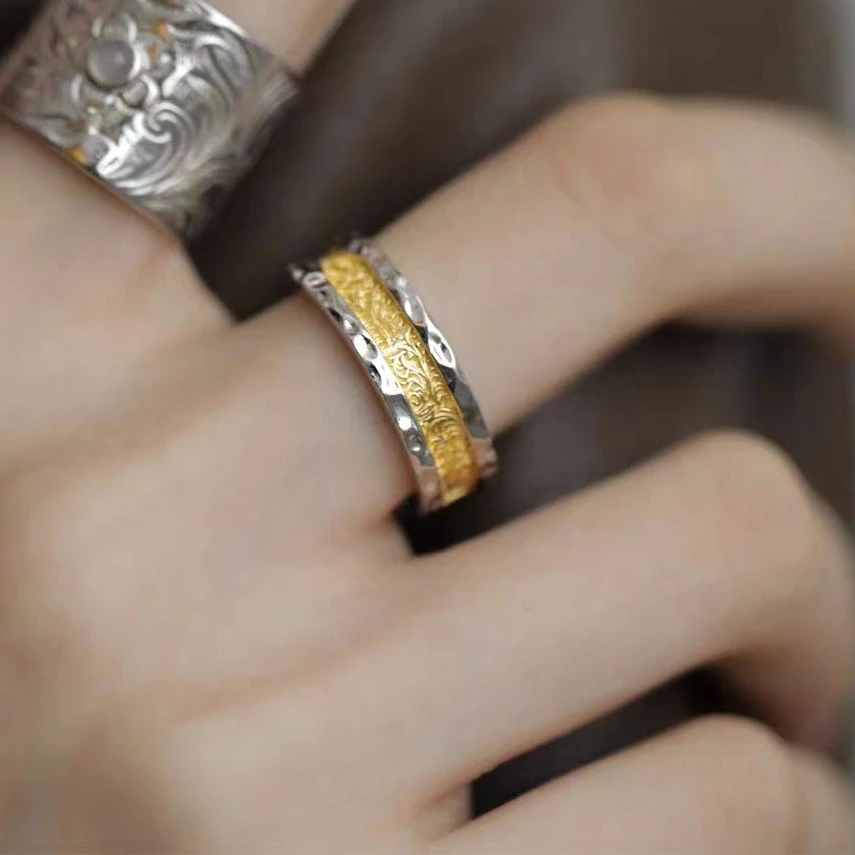 足银戒指 个性民族风足银999手工情侣唐草纹戒指男女通用