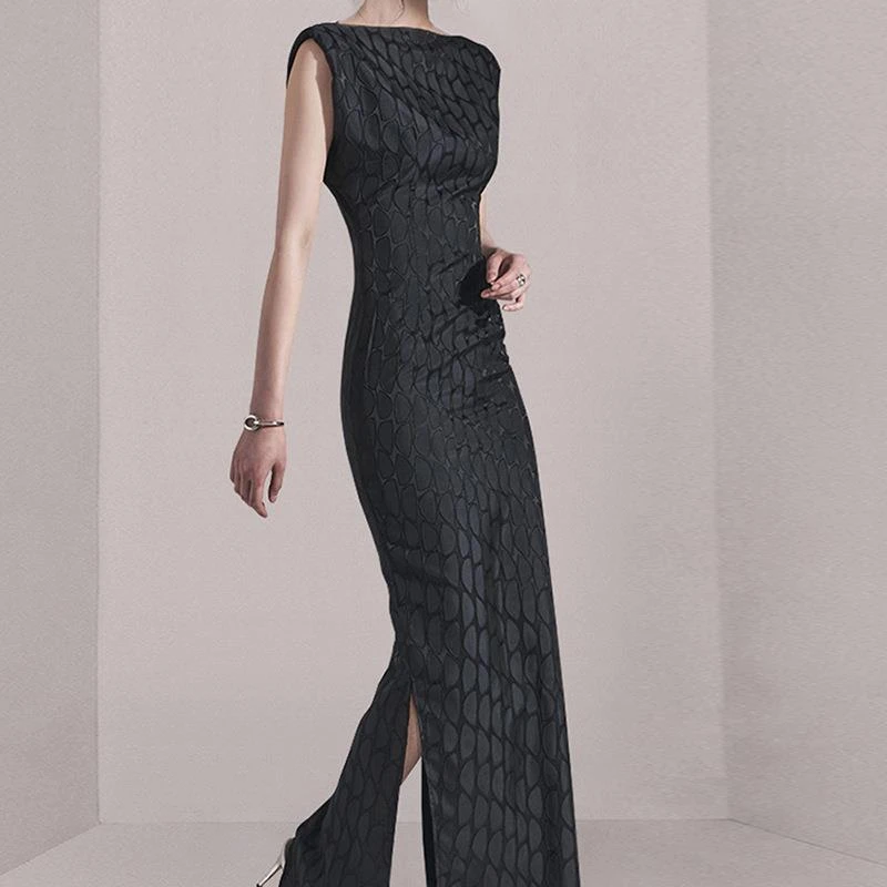 2023夏季新款气质长裙修身显瘦提花包臀开叉礼服连衣裙