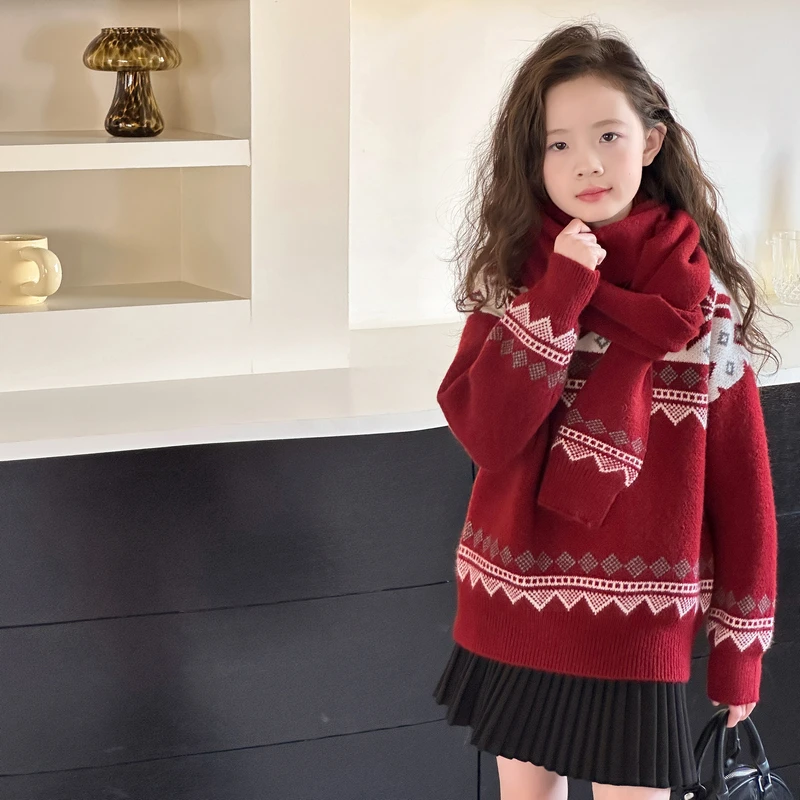女童时尚洋气提花毛衣冬季加厚2024新款中大童红色喜庆年服上衣潮