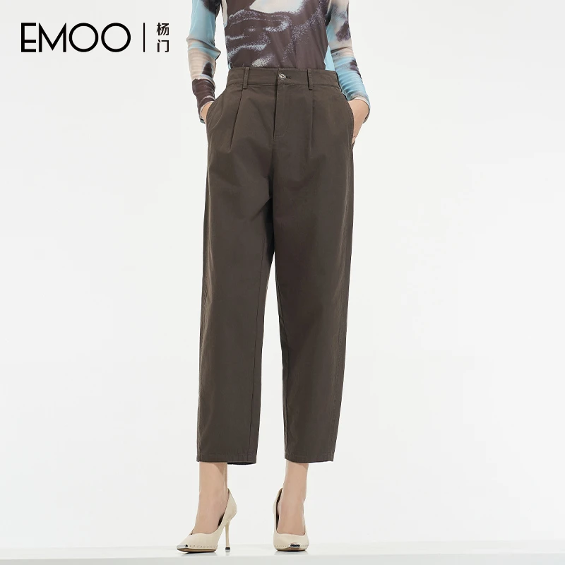 EMOO/杨门显瘦纯棉休闲裤春季九分裤长裤通勤百搭女装E14B074300