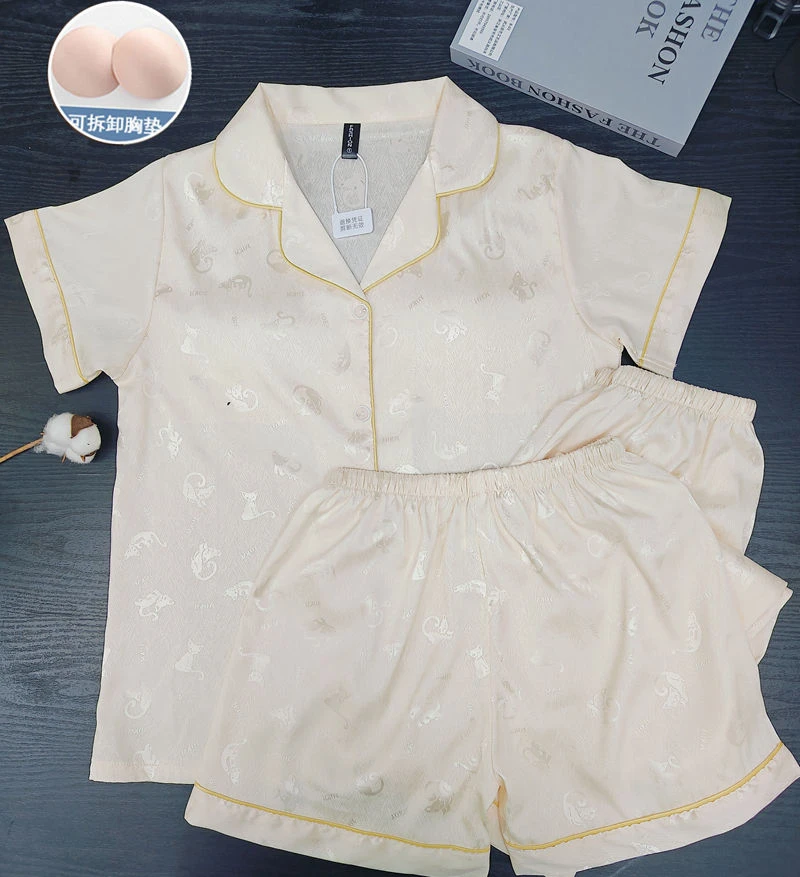 新款睡衣女夏季柔光软丝短袖短裤长裤胸垫款家居服