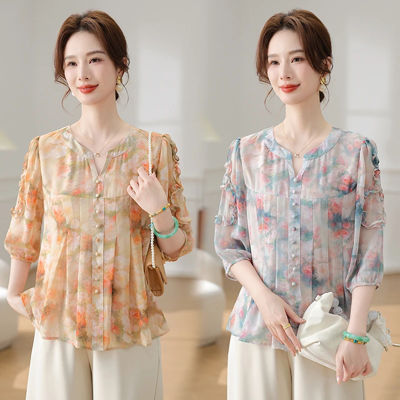 妈妈夏装雪纺小衫遮肚短袖2025新款中老年女碎花七分袖上衣夏季薄