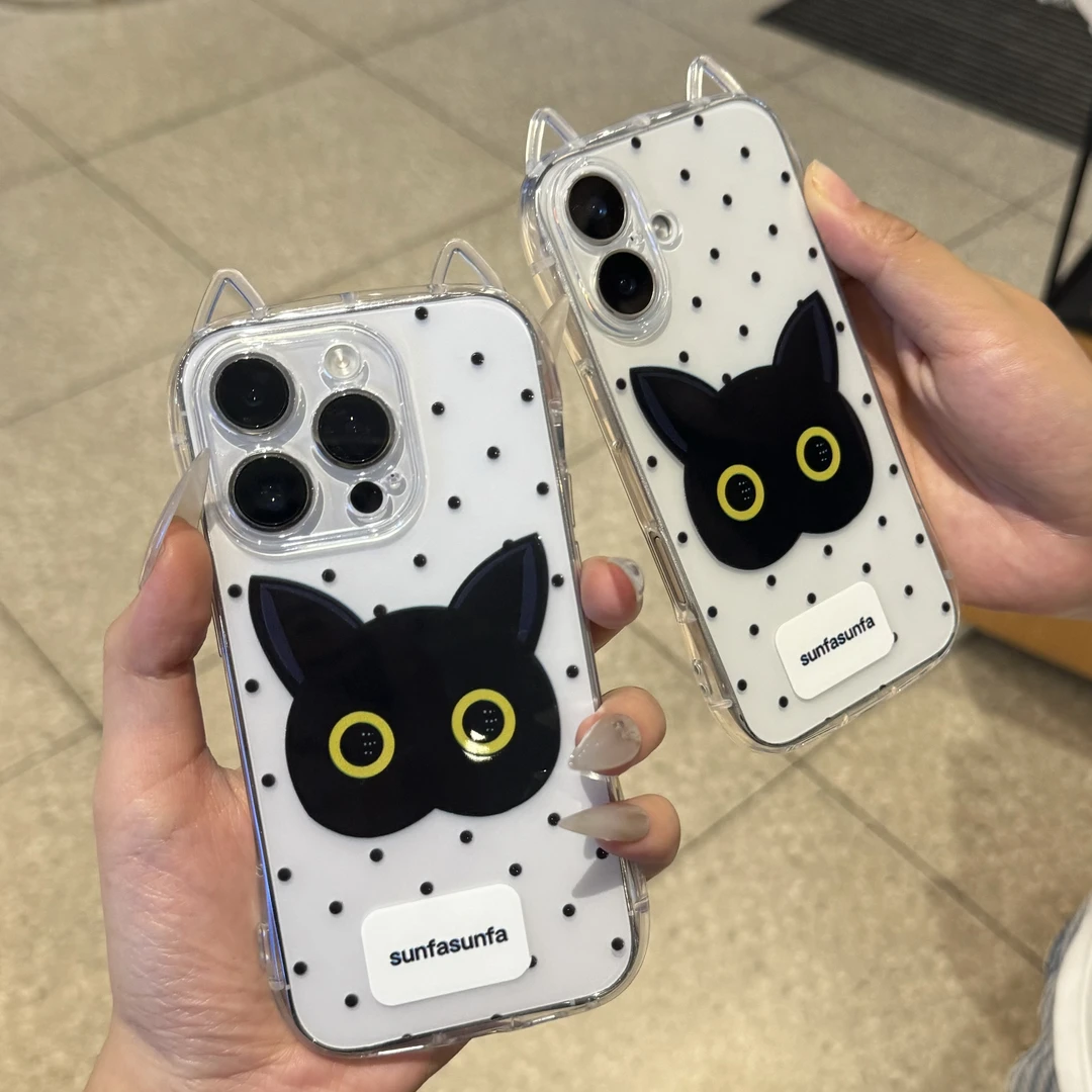 波点大眼黑猫适用于苹果16/15/14/13promax手机壳12/11软xr/xs防