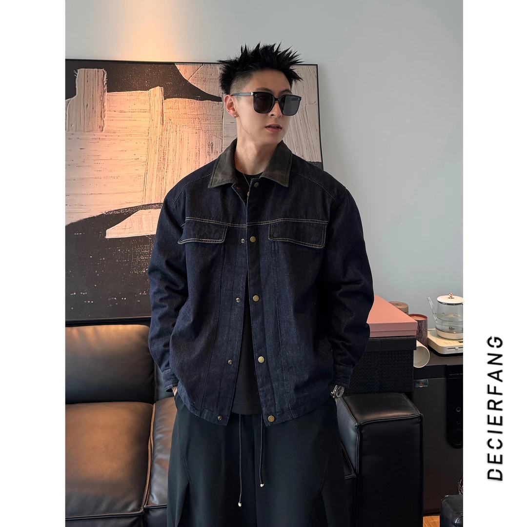 秋季加绒加厚水洗明线牛仔工装夹克外套休闲上衣