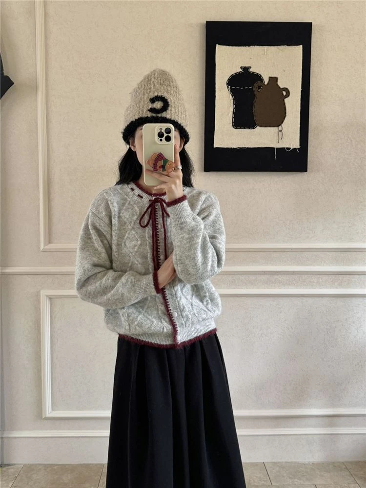 【衣长63】系带蝴蝶结毛衣外套女开衫秋冬穿搭设计感小个子外穿针织