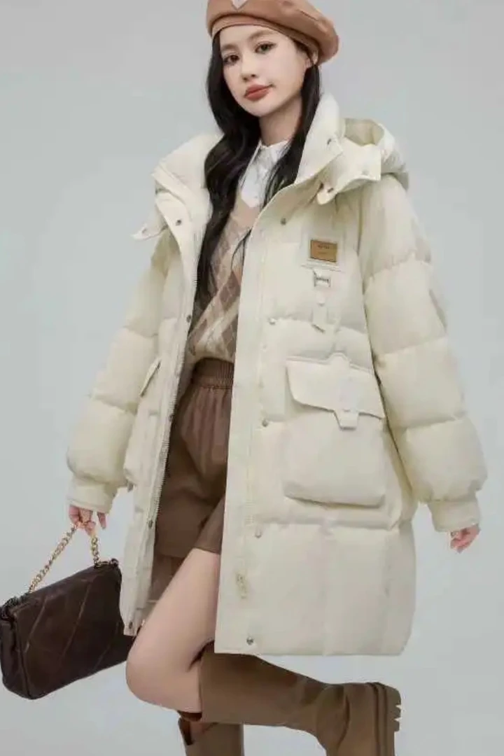 韩版加厚纯色保暖连帽冬季毛领女款女中长款百搭时尚宽松羽绒服