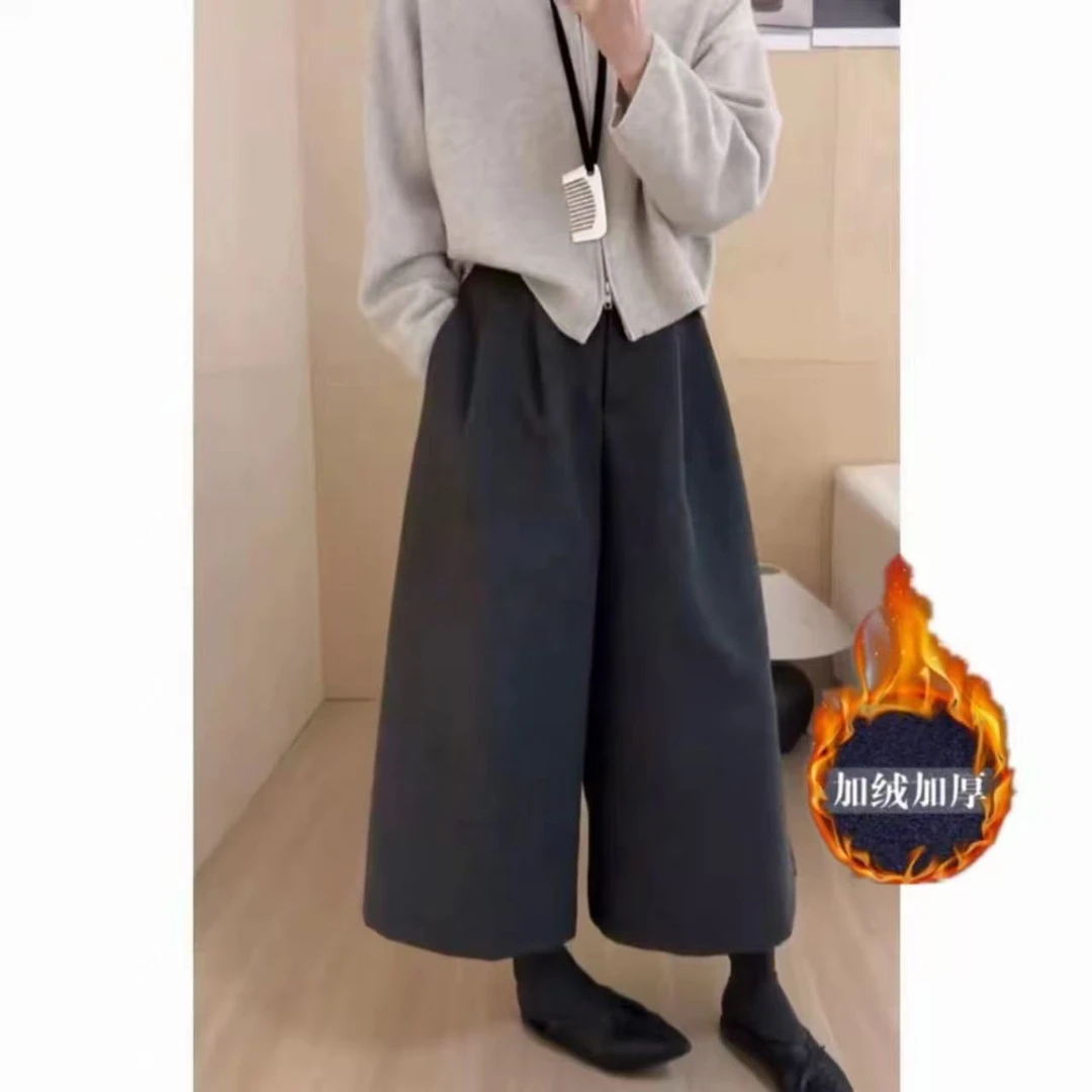 2025新款阔腿八分裤纯色厚款慵懒风拼接女装休闲裤