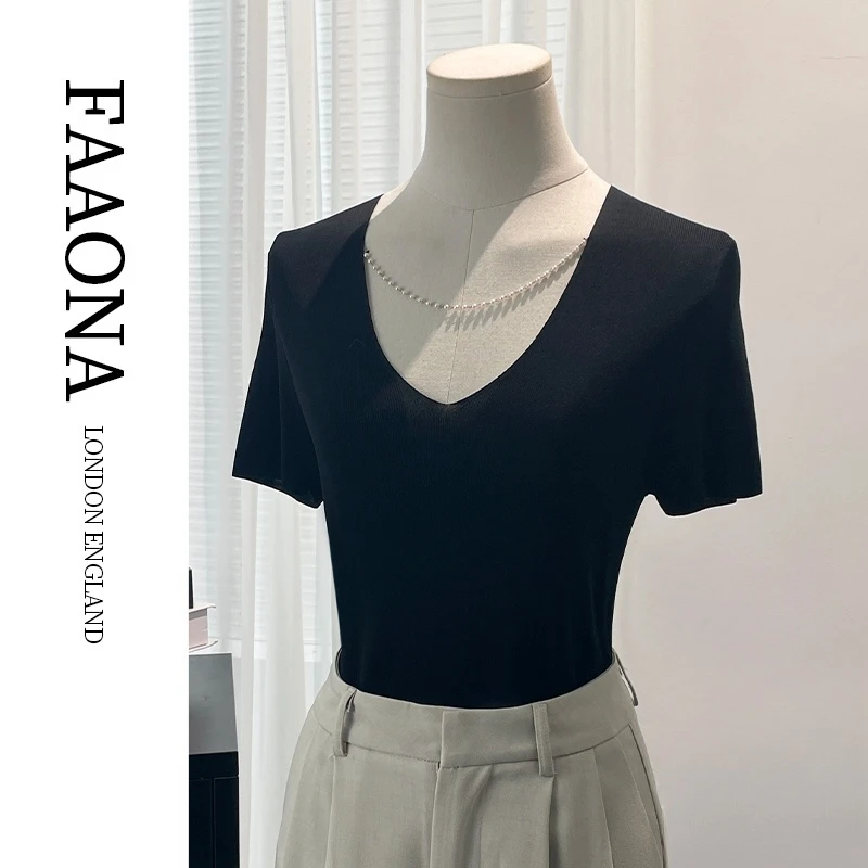 V领珍珠项链短袖针织T恤女夏内搭2025新款修身设计感打底衫上衣黑