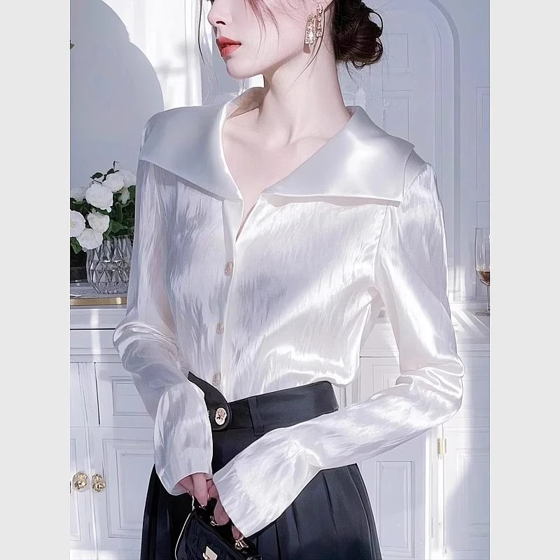 高级感白色缎面衬衫长袖女春季新款小众独特别致显瘦洋气衬衣
