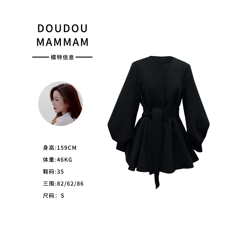 灯笼袖宽松型休闲风长袖圆领收腰复古气质毛呢外套