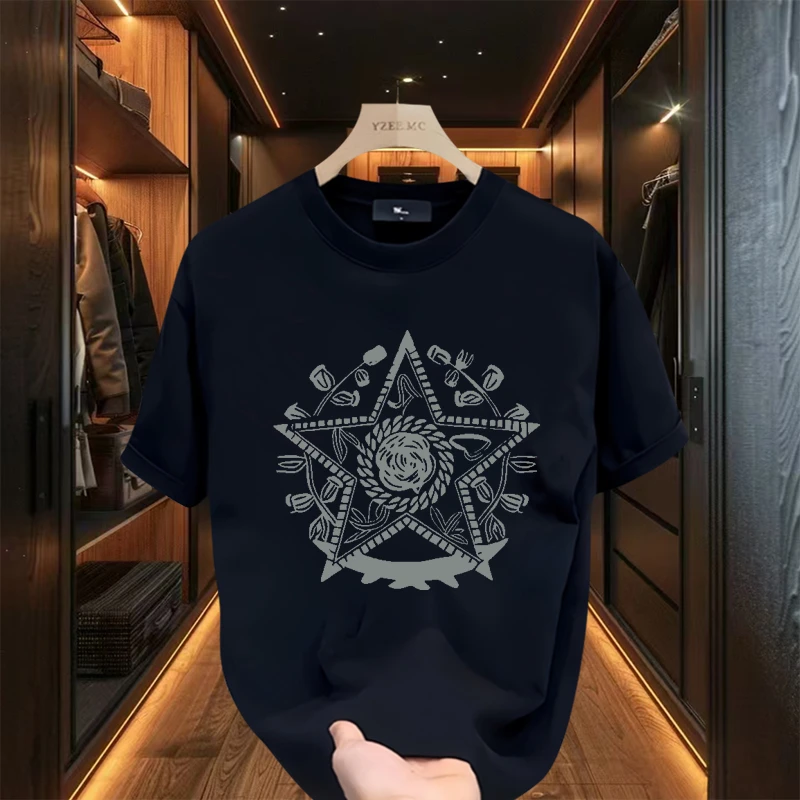 潮牌2025夏季新款短袖男士T恤休闲圆领宽松高端轻奢纯棉大码印花