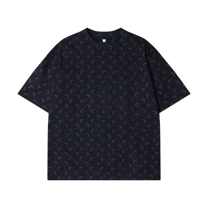 夏季新款高级感美式细满天星月亮印花圆领短袖T恤潮流简约上衣棉
