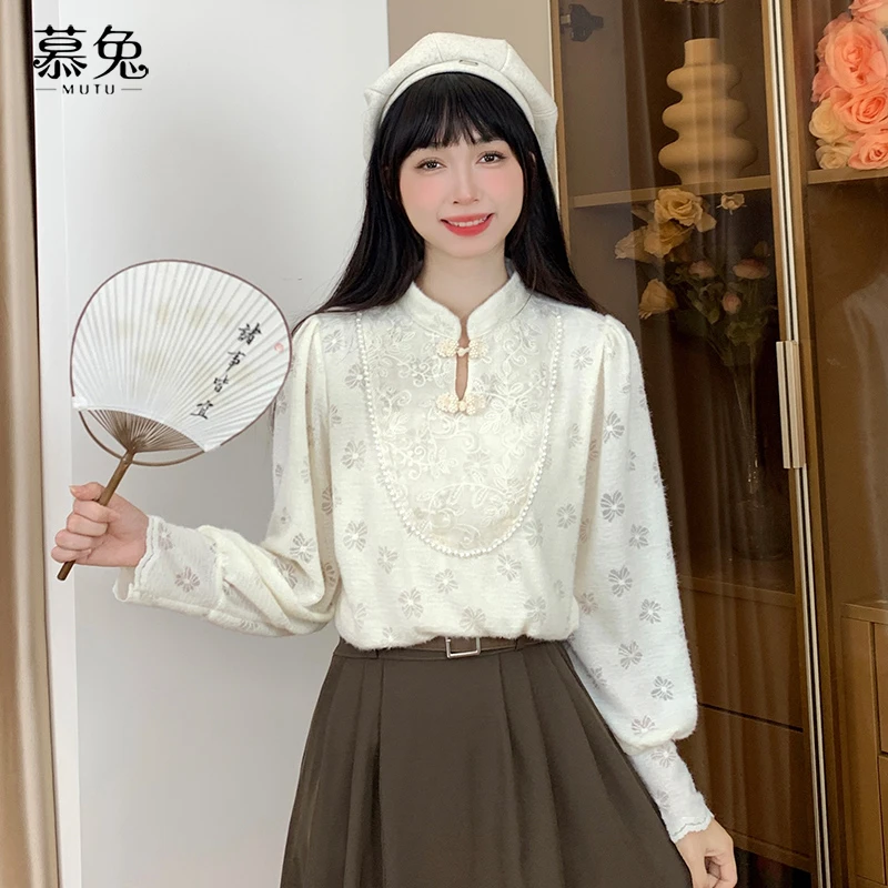 慕兔新中式复古盘扣衬衫上衣女2024秋季新款高级感内搭长袖打底衫