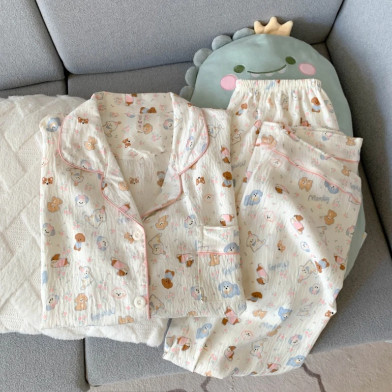 奶呼呼卷毛萌萌狗睡衣女短袖三件套云朵棉卡通学生家居服套装