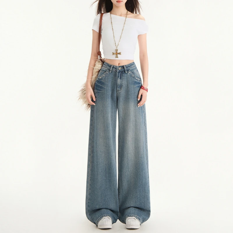 REDR丹宁复古卯钉设计宽松直筒牛仔裤女新款高腰阔腿长裤子