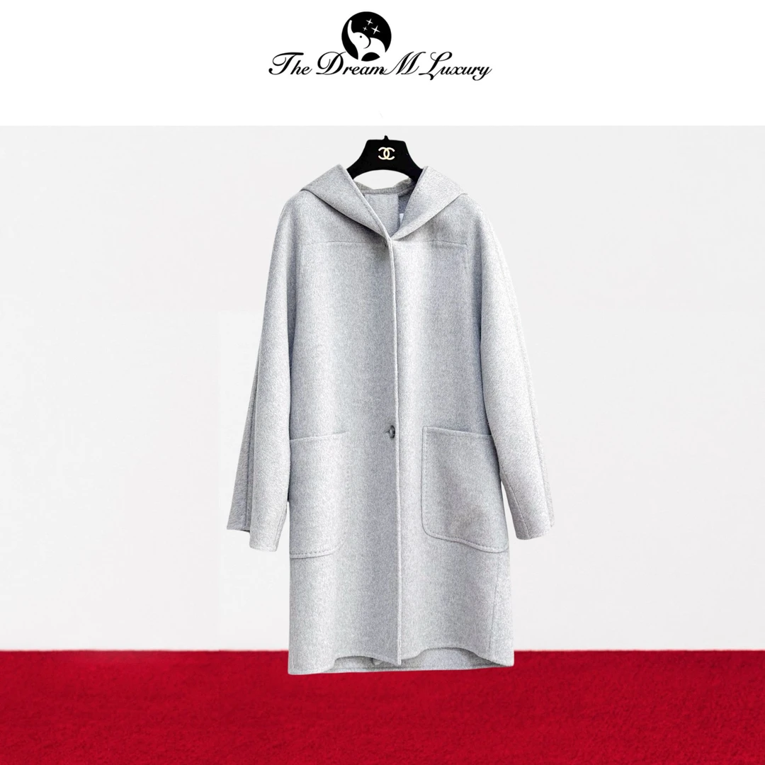 99新 MaxMara 165/88A浅灰色山羊绒连帽长袖大衣