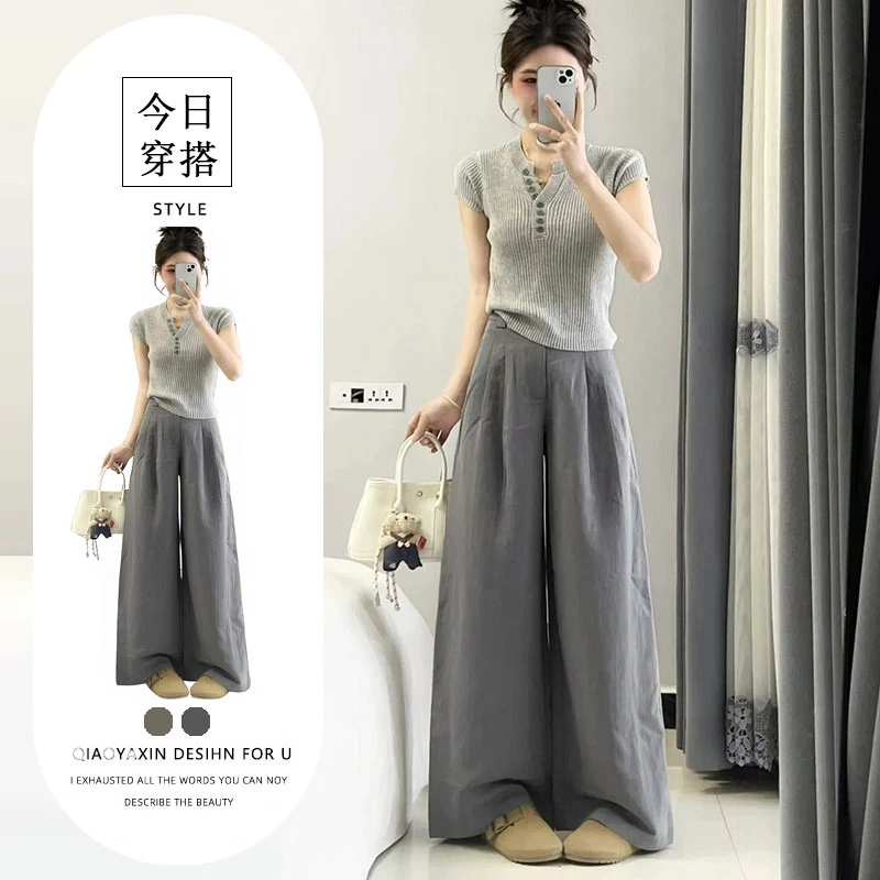 温柔系炸街奶乖套装女夏季新款短袖针织衫+宽松显瘦阔腿裤两件套