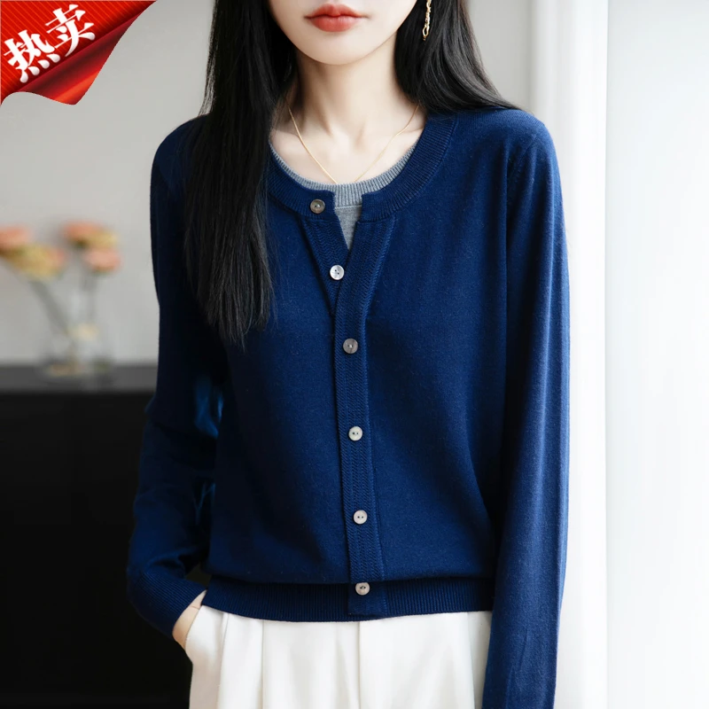 时尚品牌正品休闲叠穿假二件长袖针织衫休闲百搭上衣打底衫秋季