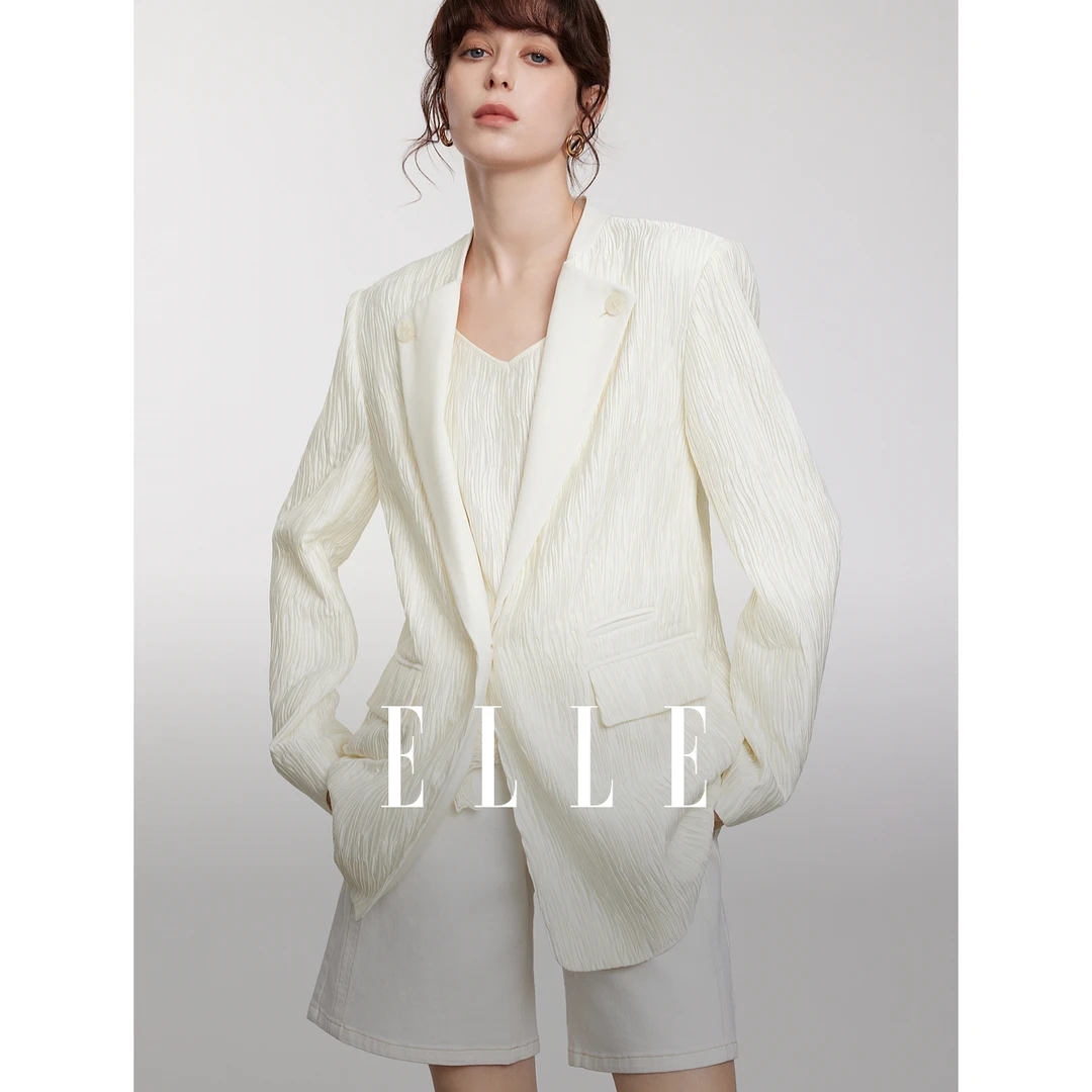 ELLE白色一粒扣优雅摩登西装外套女2025春季新款时髦通勤EX50836