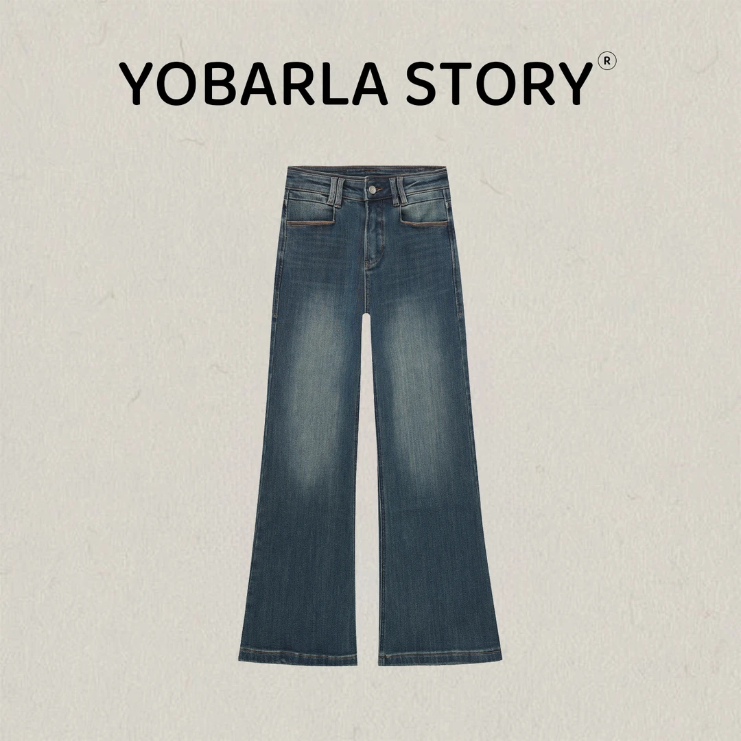 复古蓝弹力直筒牛仔裤女秋冬新款胖mm宽松显瘦梨形身材高腰阔腿裤